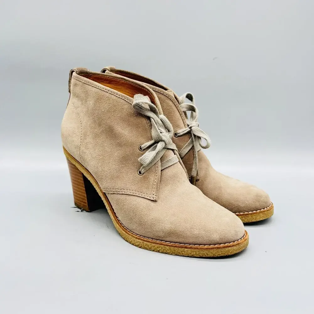 Coach Boots Womens 8 Beige Suede Nikol Ankle Lace Up Block Heel Booties Shoes
